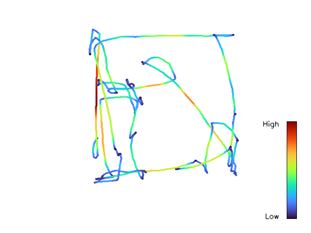 速度可視化画像のサンプル。高速な移動は暖色系(赤)、低速な移動は寒色系(青)で表示される。