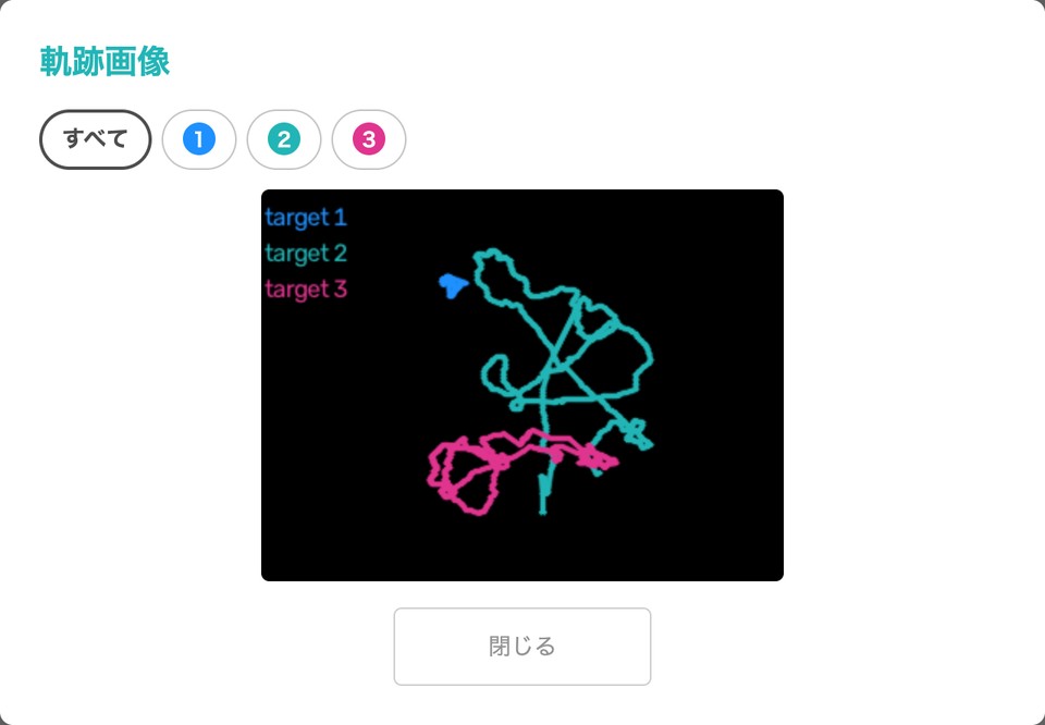 軌跡画像の画面を拡大した画像。「すべて」と番号の切り替えと、3体の軌跡を色分けして重ねた画像