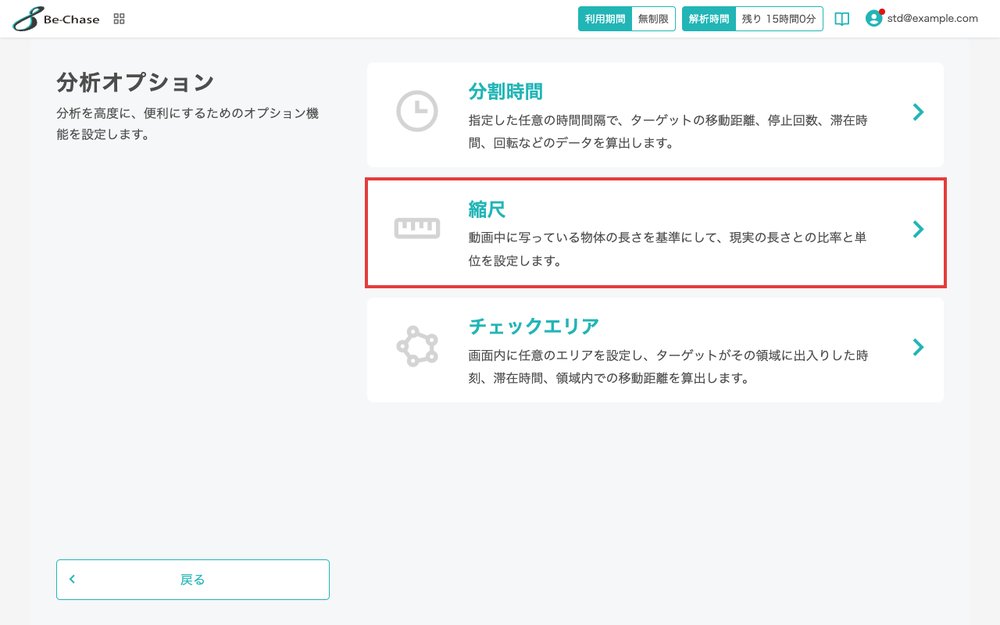 分析オプションの画面。縮尺の項目を強調