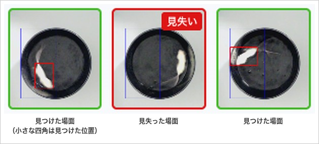プレビューの場面を拡大した画像。ターゲットを見つけた場面と見失った場面、見つけた位置の印を見分けるための例
