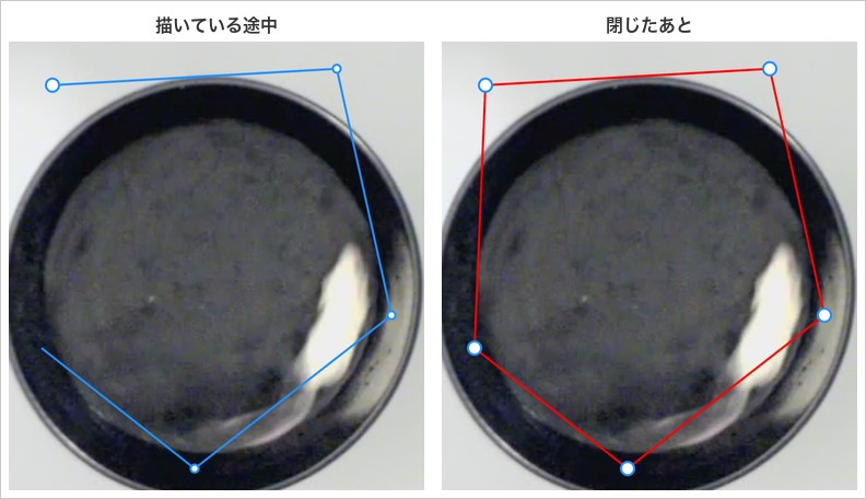 多角形を描いている途中と閉じたあとの線を並べた画像。閉じたかどうかを線の色で見分けるための例