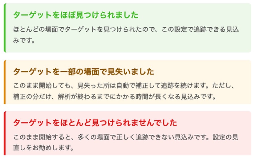結果のカード3種類の拡大。「ターゲットをほぼ見つけられました」「ターゲットを一部の場面で見失いました」「ターゲットをほとんど見つけられませんでした」を見分けるための画像